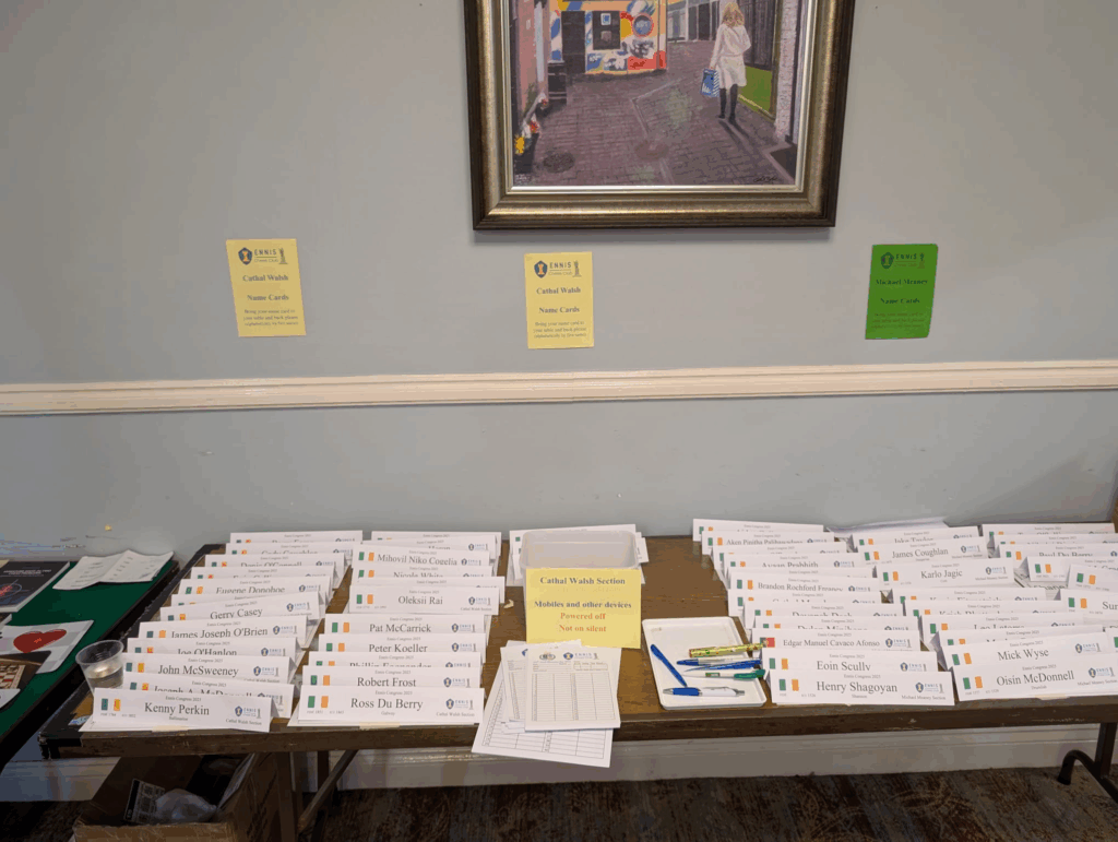 Player name cards at Ennis Chess Congress 2025